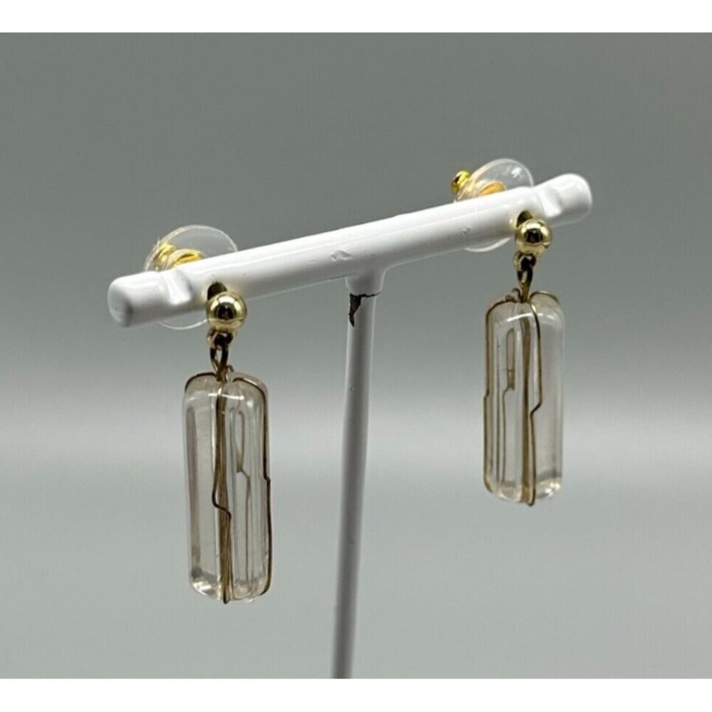3/$30 Vintage Clear Earrings Gold Tone Acrylic Pillar Dangle Mod Retro 1.25"